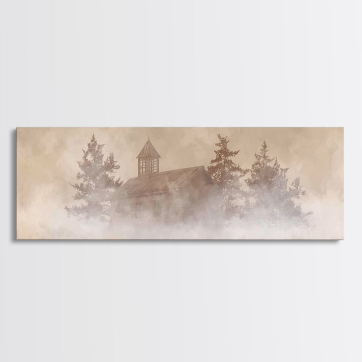 Foggy Chapel Stillness, Framed Canvas Print, Panoramic Frame, Christian Art Canvas, Christmas Art, Christian Wall Art, Christian Christmas
