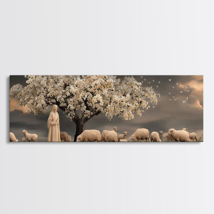 Gentle Orchard Calm, Framed Canvas Print, Christian Wall Art, Panoramic Painting, Jesus Art Print, Christian Christmas Art, Christian Canva