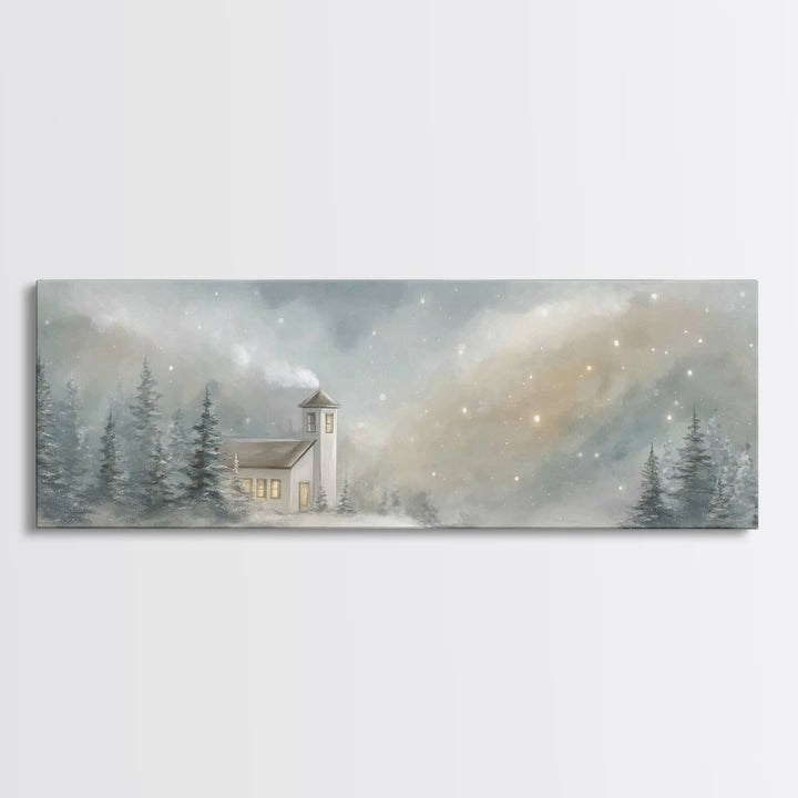 Snowy Chapel Light – Framed Canvas Print – Panoramic Painting – Christian Wall Art – Christmas Art – Christian Art Canvas – Christian Chris