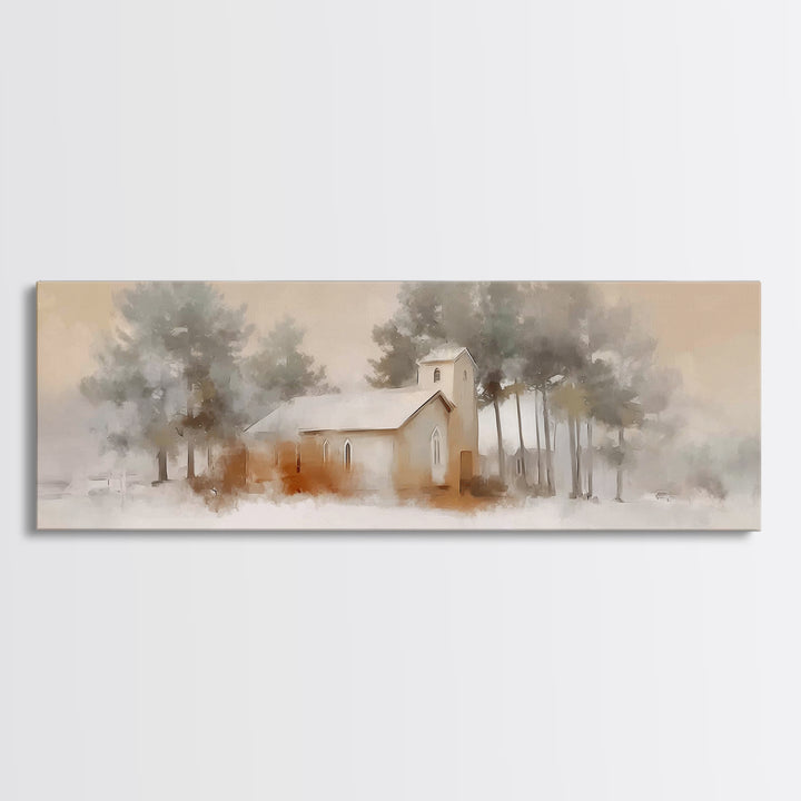 Silent Chapel Glow, Framed Canvas Print, Christian Wall Art, Christmas Canvas Wall Art, Christian Christmas Art, Panoramic Print, Christian
