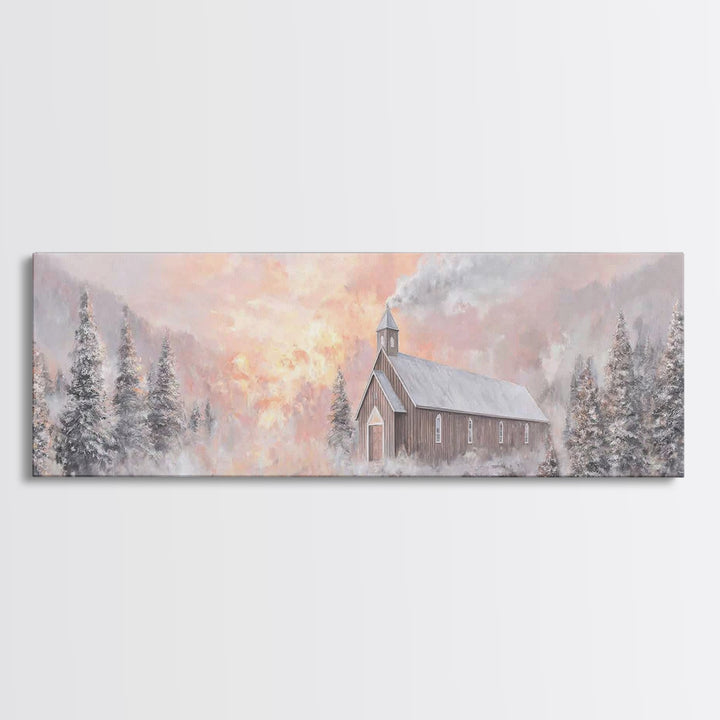 Snowlit Church Dawn | Framed Canvas Print | Christian Wall Art | Christmas Art Work | Christian Christmas Decor | Panoramic Painting | Chri