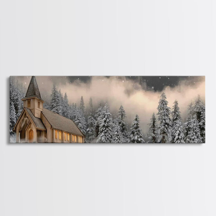 Midnight Chapel Light – Framed Canvas Print – Christian Wall Art – Framed Christmas Art – Christian Christmas Decorations – Panoramic Art –
