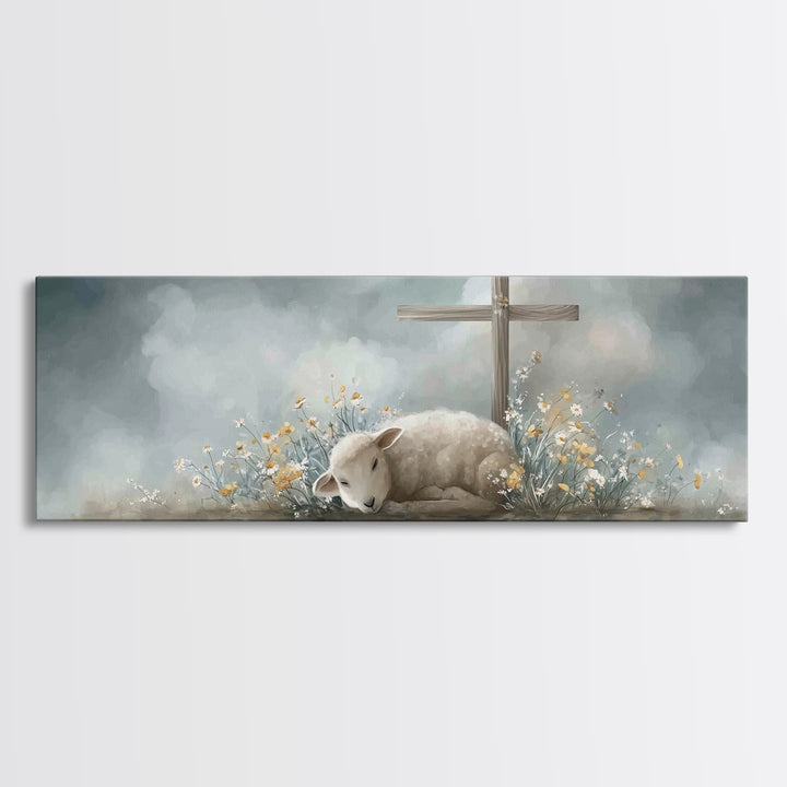Gentle Lamb Peace, Framed Canvas Print, Christian Art Canvas, Panoramic Wall Art, Christian Painting, Christmas Art, Christian Gift Ideas