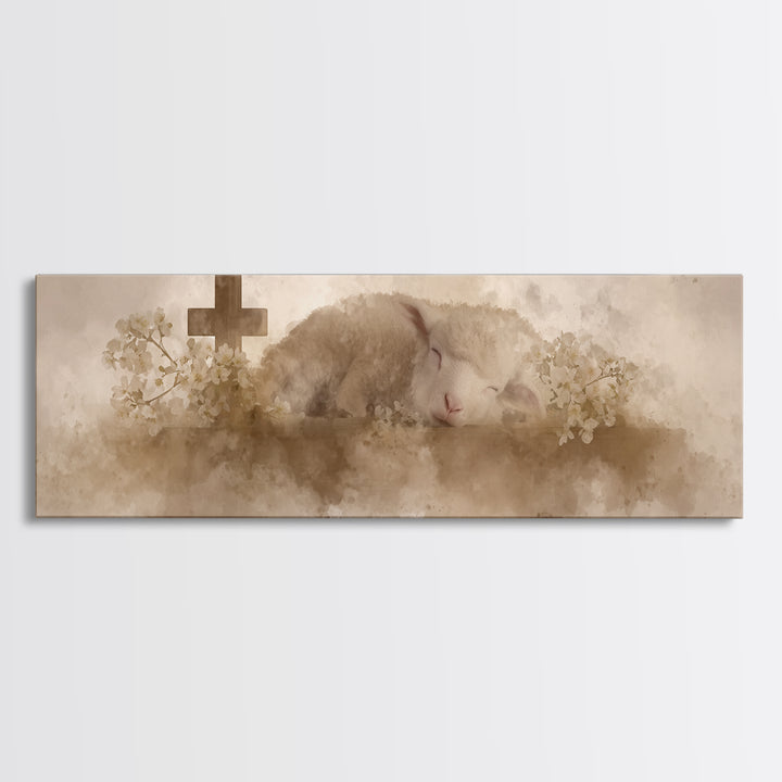 Lamb Of Comfort | Framed Canvas Print | Christian Art Canvas | Extra Wide Art | Christian Paintings | Christmas Canvas Wall Art | Christian