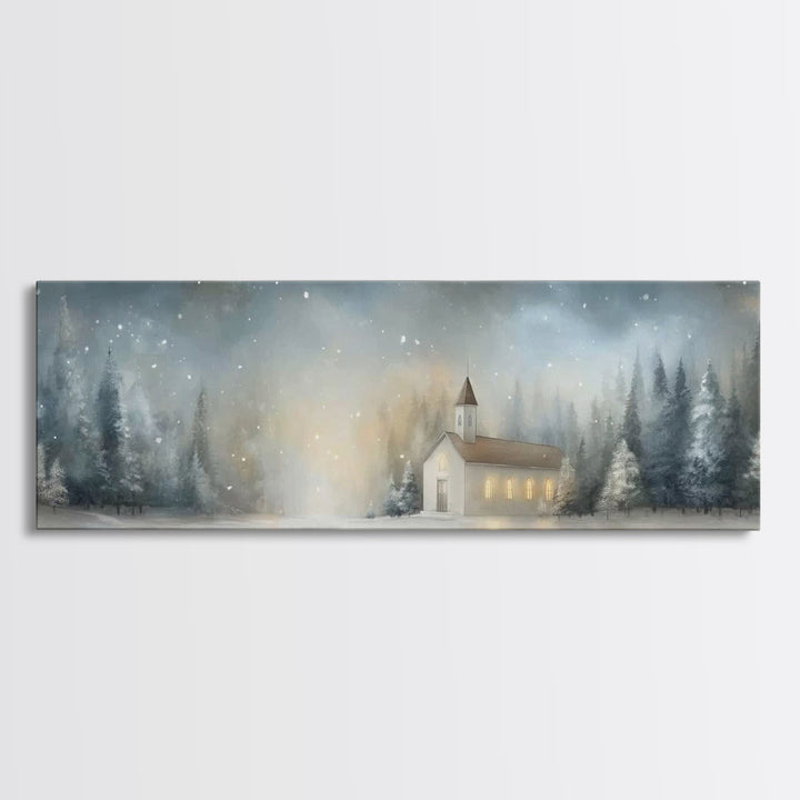 Winter Chapel Peace – Framed Canvas Print – Christian Wall Art – Panoramic Print – Christmas Art – Modern Christian Art – Christian Gift Id