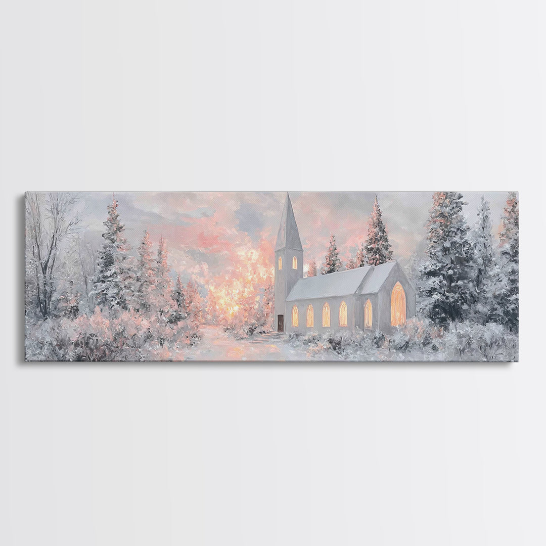 Radiant Winter Church, Framed Canvas Print, Christmas Wall Art, Christian Art Canvas, Moody Christmas Art, Panoramic Wall Art, Christian De