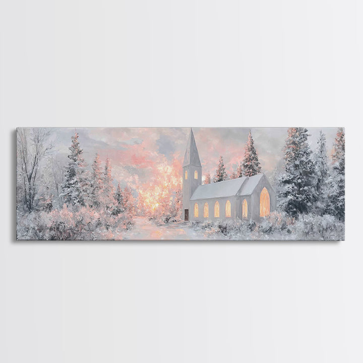 Radiant Winter Church, Framed Canvas Print, Christmas Wall Art, Christian Art Canvas, Moody Christmas Art, Panoramic Wall Art, Christian De