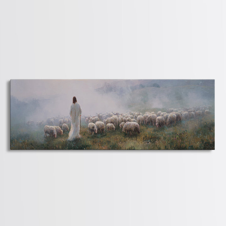 Morning Shepherd Peace, Framed Canvas Print, Jesus Painting, Christian Art Canvas, Pastoral Christian Art, Panoramic Art, Christian Gift Id