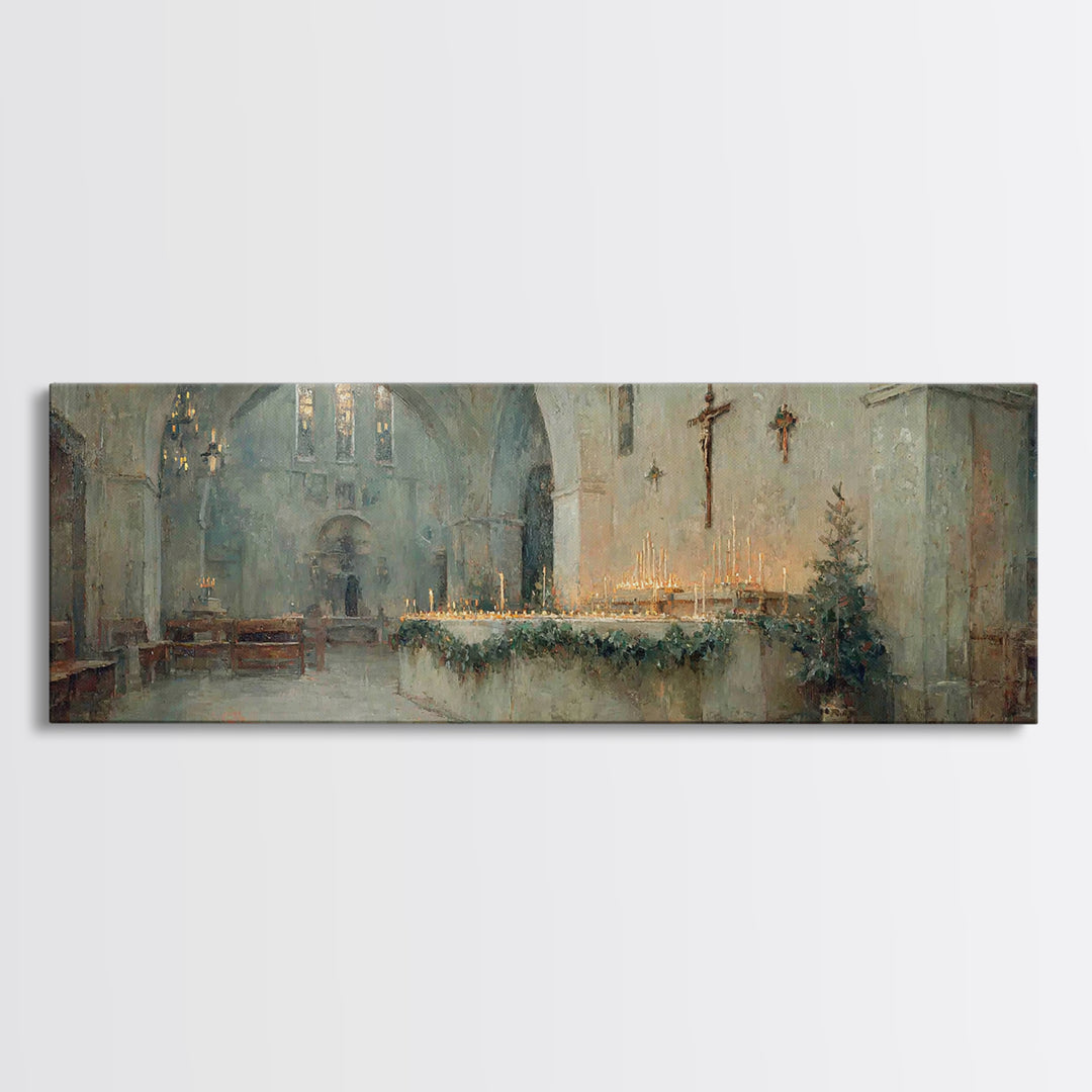 Glowing Chapel Stillness, Framed Canvas Print, Christmas Art Prints, Christian Wall Art, Panoramic Art, Christian Art Canvas, Christian Chr