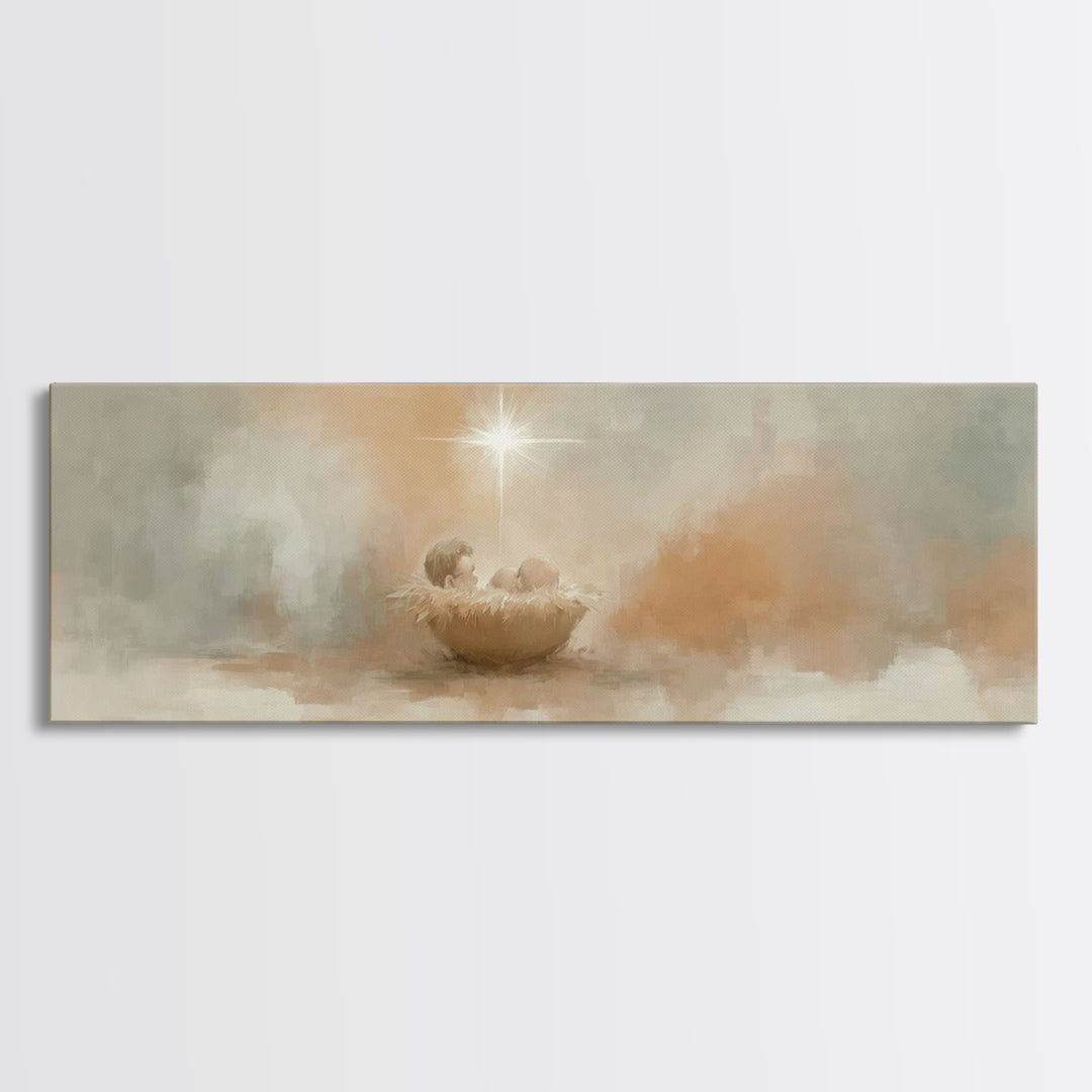 Little Holy Cradle, Framed Canvas Print, Panoramic Painting, Christian Art Canvas, Christian Wall Art, Christmas Art, Christian Christmas A