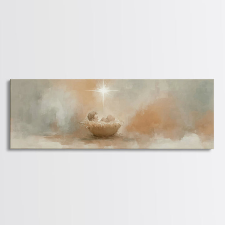 Little Holy Cradle, Framed Canvas Print, Panoramic Painting, Christian Art Canvas, Christian Wall Art, Christmas Art, Christian Christmas A