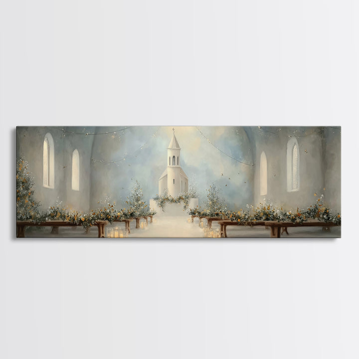 Quiet Church Reverence | Framed Canvas Print | Christian Art | Christmas Wall Art | Panoramic Painting | Christian Art Work | Christian Chr