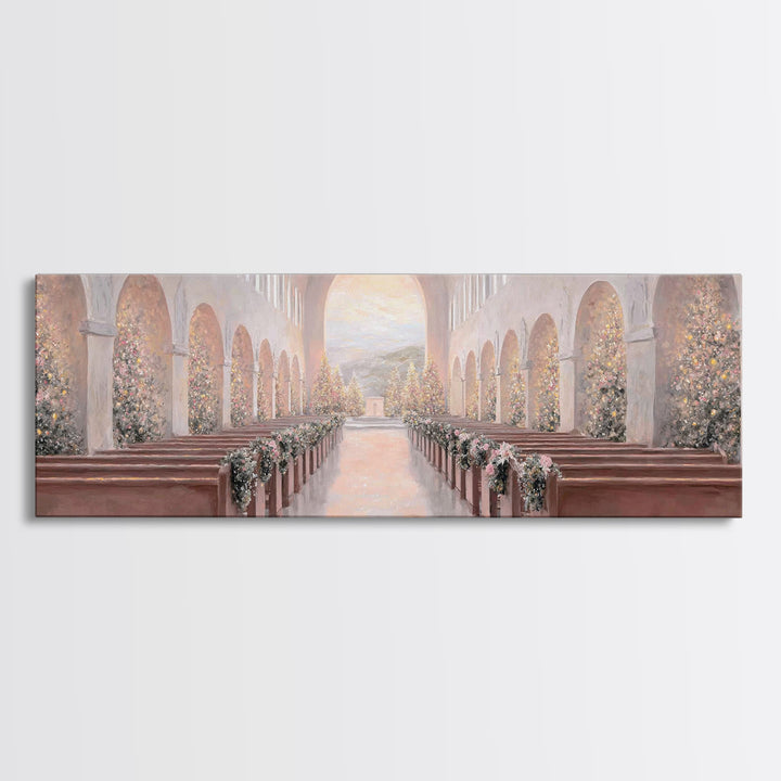 Winter Chapel Radiance, Framed Canvas Print, Christian Wall Art, Christian Art Canvas, Panoramic Art, Christmas Art, Christian Christmas De