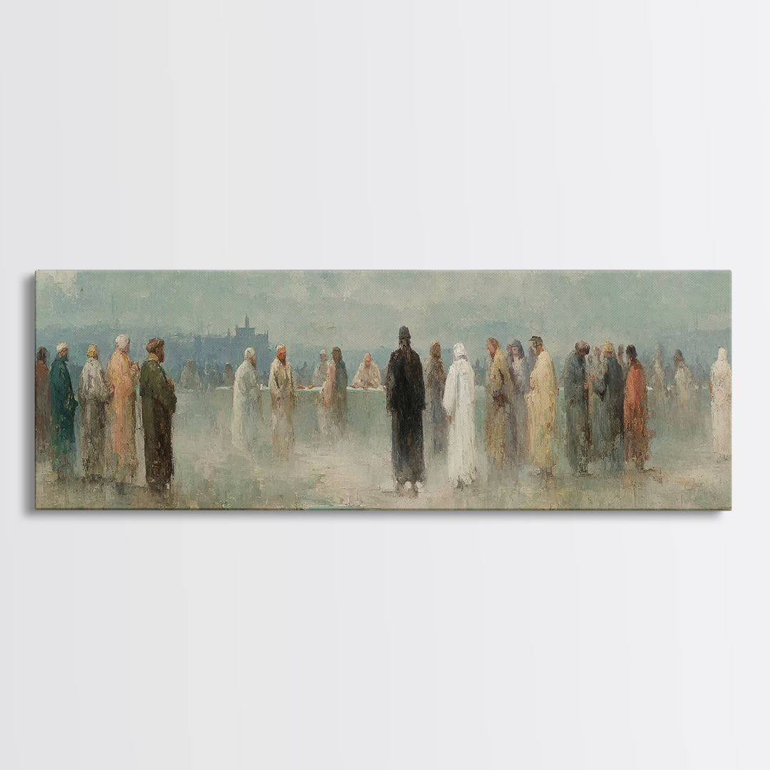 Gathered In Faith – Framed Canvas Print – Christian Art Print – Panoramic Painting – Christian Wall Art – Christmas Art Prints – Jesus Pain