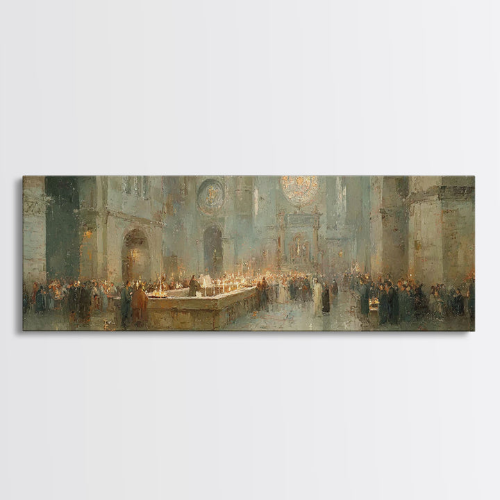 Gathered In Worship – Framed Canvas Print – Christian Wall Art – Panoramic Frame – Christmas Art – Christian Art Canvas – Christian Christm