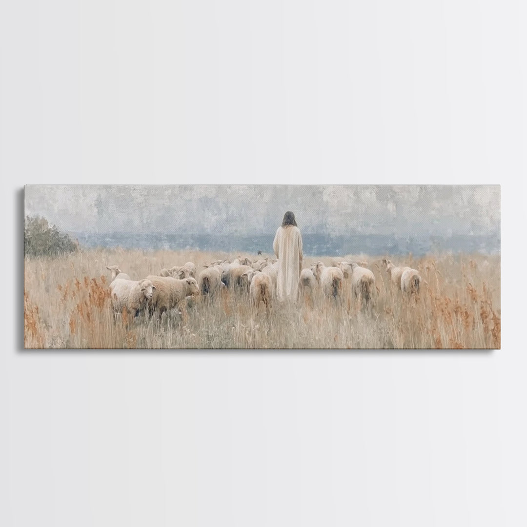 Pastoral Grace – Framed Canvas Print – Christian Wall Art – Jesus Painting – Panoramic Art – Christian Art Canvas – Christmas Art