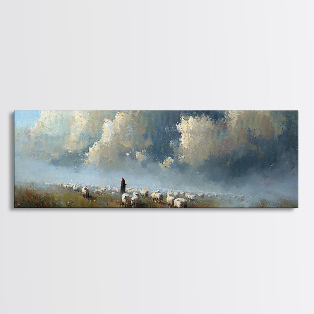 Morning Shepherd Light, Framed Canvas Print, Christian Wall Art, Panoramic Art, Jesus Painting, Modern Christian Art, Christmas Wall Art