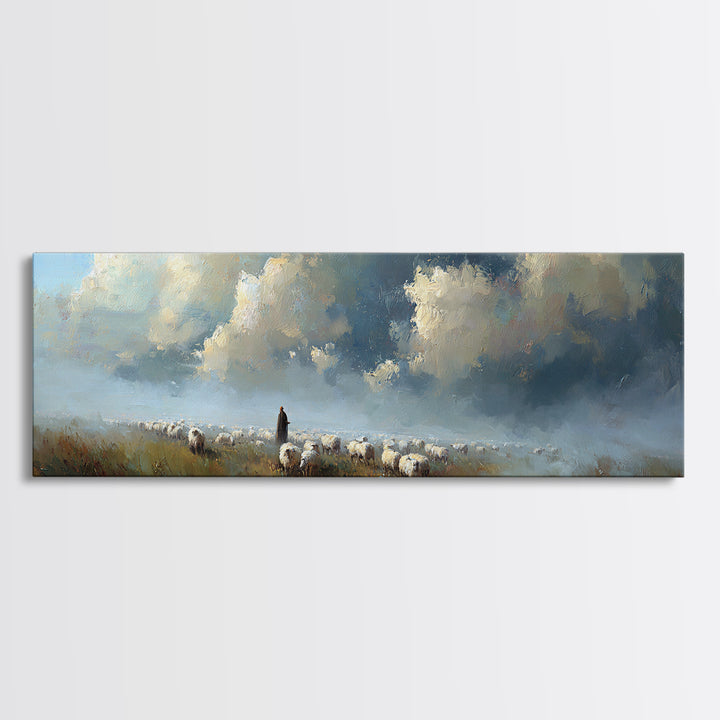 Morning Shepherd Light, Framed Canvas Print, Christian Wall Art, Panoramic Art, Jesus Painting, Modern Christian Art, Christmas Wall Art