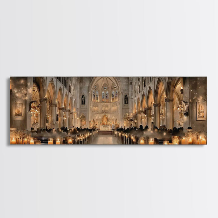 Cathedral Candle Vigil – Framed Canvas Print – Christian Wall Art – Panoramic Painting – Christian Christmas Art – Christian Art Canvas – C