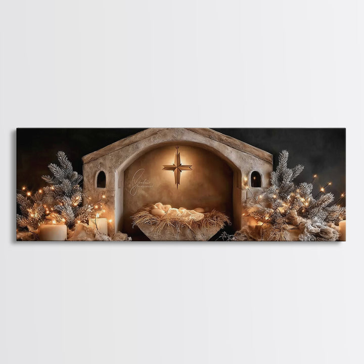 Holy Night Glow – Framed Canvas Print – Christian Wall Art – Panoramic Art – Christian Christmas Art – Christian Art Canvas – Christmas Art