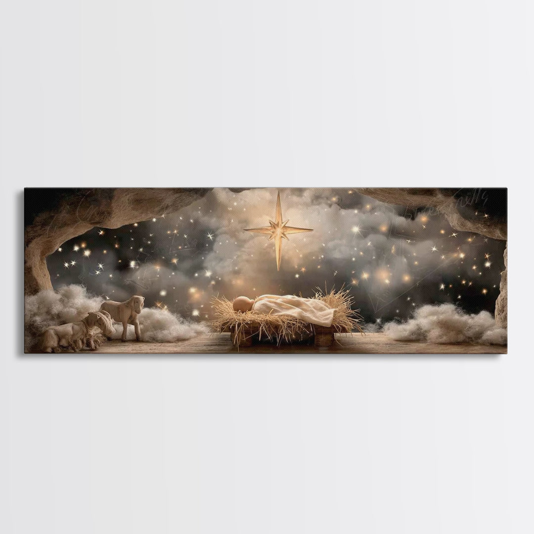 Star Of Bethlehem | Framed Canvas Print | Christmas Art | Panoramic Wall Art | Jesus Christmas Art | Christian Wall Art | Christian Art Can