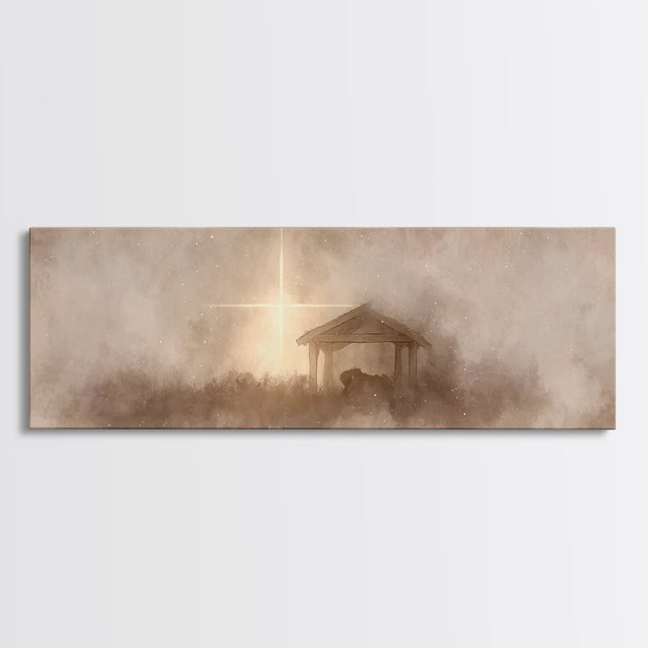 Silent Manger Light, Framed Canvas Print, Christian Christmas Art, Panoramic Art, Christian Wall Art, Christmas Canvas Wall Art, Christian