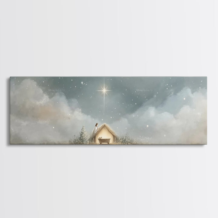 Manger Serenity, Framed Canvas Print, Christmas Art, Panoramic Wall Art, Christian Art Canvas, Christian Christmas Decor, Christian Paintin