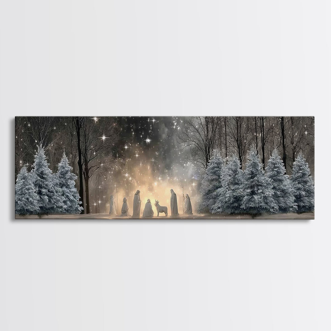 Midnight Nativity Glow – Framed Canvas Print – Christian Wall Art – Christian Art Canvas – Jesus Christmas Art – Panoramic Wall Art – Chris