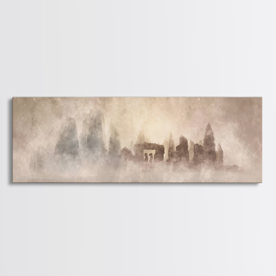 Misty Ancient Stones | Framed Canvas Print | Christian Art | Christian Painting | Minimalist Christian Art | Panoramic Art | Christian Wall