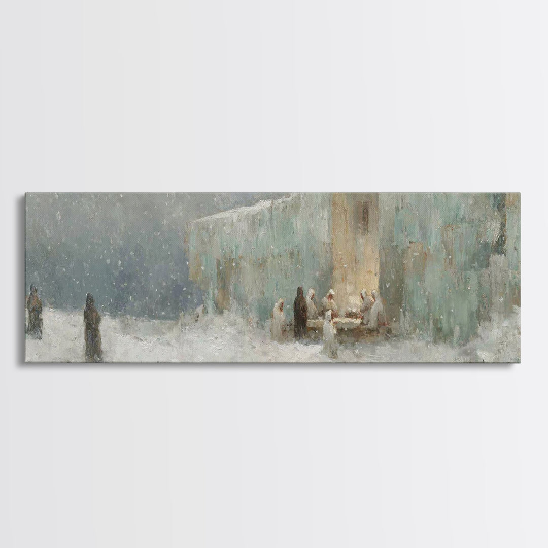 Winter Gathering Light, Framed Canvas Print, Christian Wall Art, Christian Art Canvas, Christmas Art Prints, Panoramic Painting, Christian