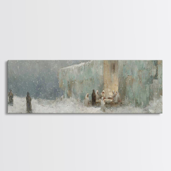 Winter Gathering Light, Framed Canvas Print, Christian Wall Art, Christian Art Canvas, Christmas Art Prints, Panoramic Painting, Christian