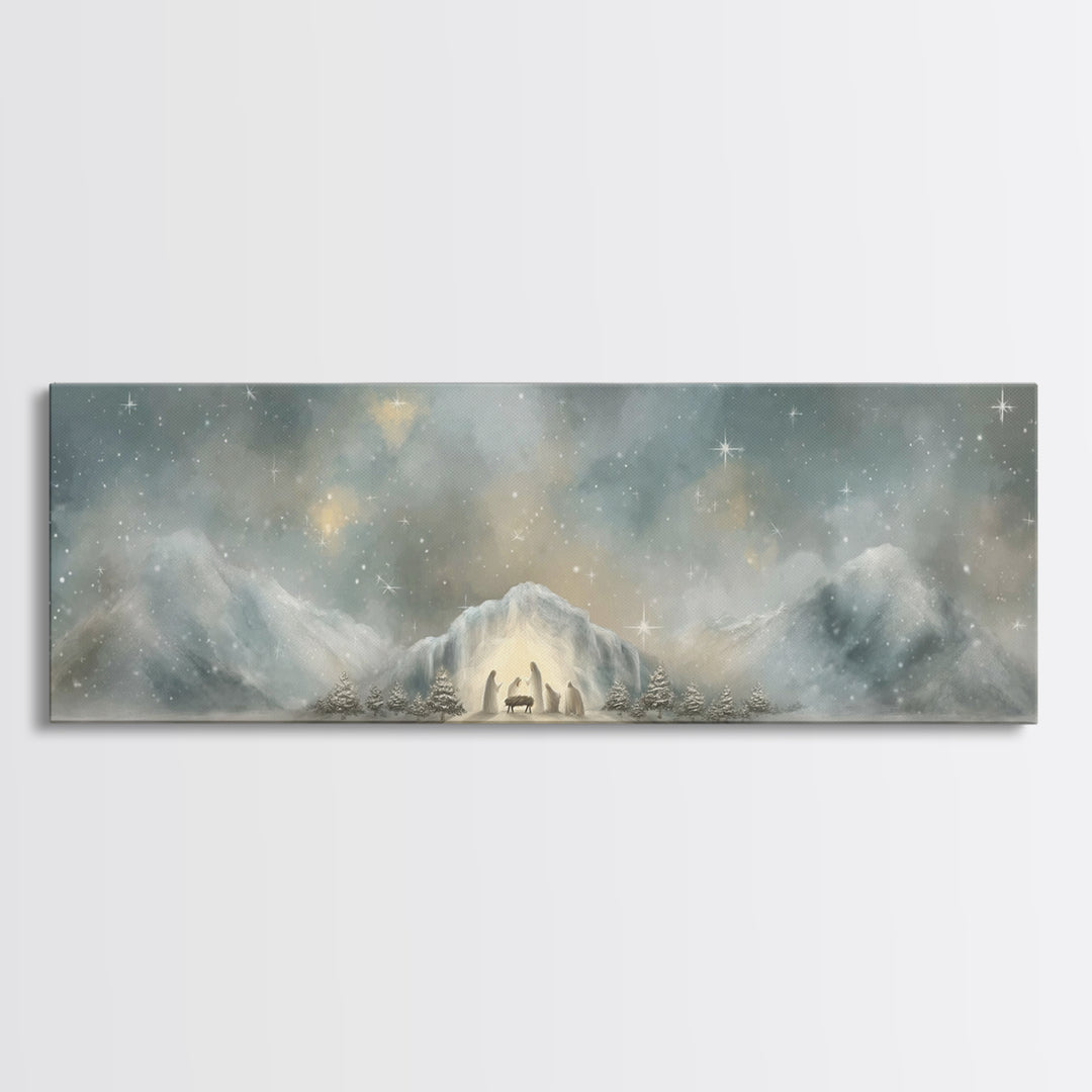 Starry Mountain Birth – Framed Canvas Print – Christian Christmas Art – Christian Art Canvas – Jesus Painting – Panoramic Frame – Christian