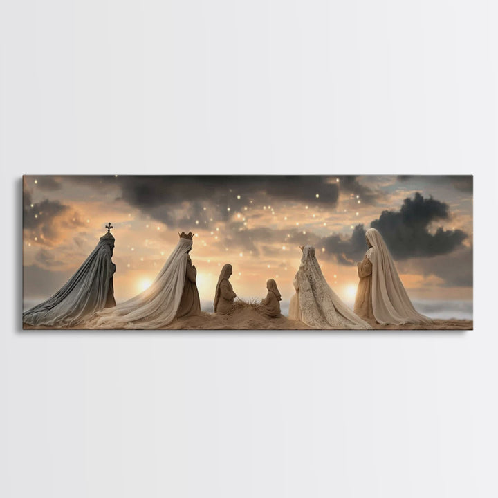 Sandy Nativity Horizon – Framed Canvas Print – Christian Christmas Art – Christian Art Canvas – Jesus Wall Art – Panoramic Art – Christian