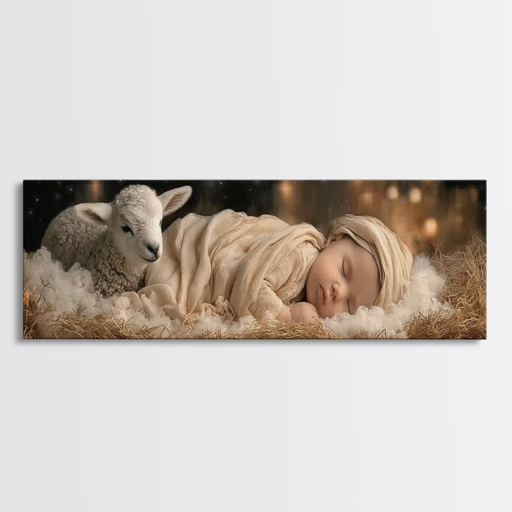 Gentle Manger Peace | Framed Canvas Print | Christian Art Canvas | Christmas Wall Art | Panoramic Art | Christian Christmas Art | Christian