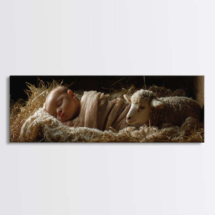 Quiet Manger Glow, Framed Canvas Print, Christian Wall Art, Panoramic Frame, Christian Art Canvas, Christian Christmas Art, Jesus Christmas