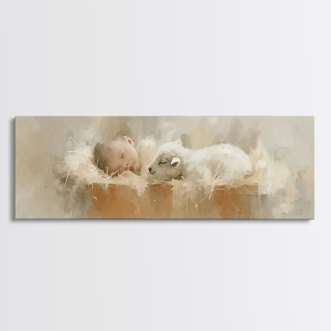 Innocent Manger Dream | Framed Canvas Print | Christian Art Canvas | Panoramic Art | Christmas Art Prints | Christian Wall Art | Christian