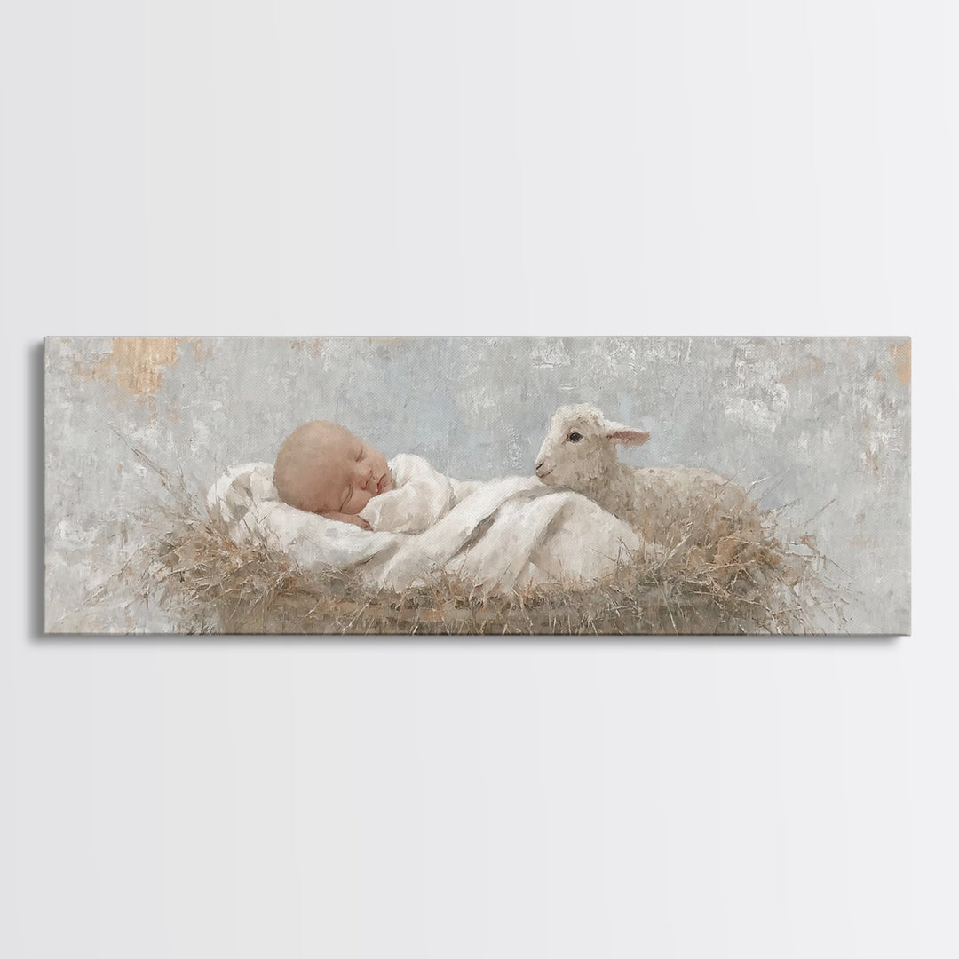 Tiny Manger Grace – Framed Canvas Print – Christmas Wall Art – Christian Art Canvas – Panoramic Painting – Jesus Christmas Art – Christian
