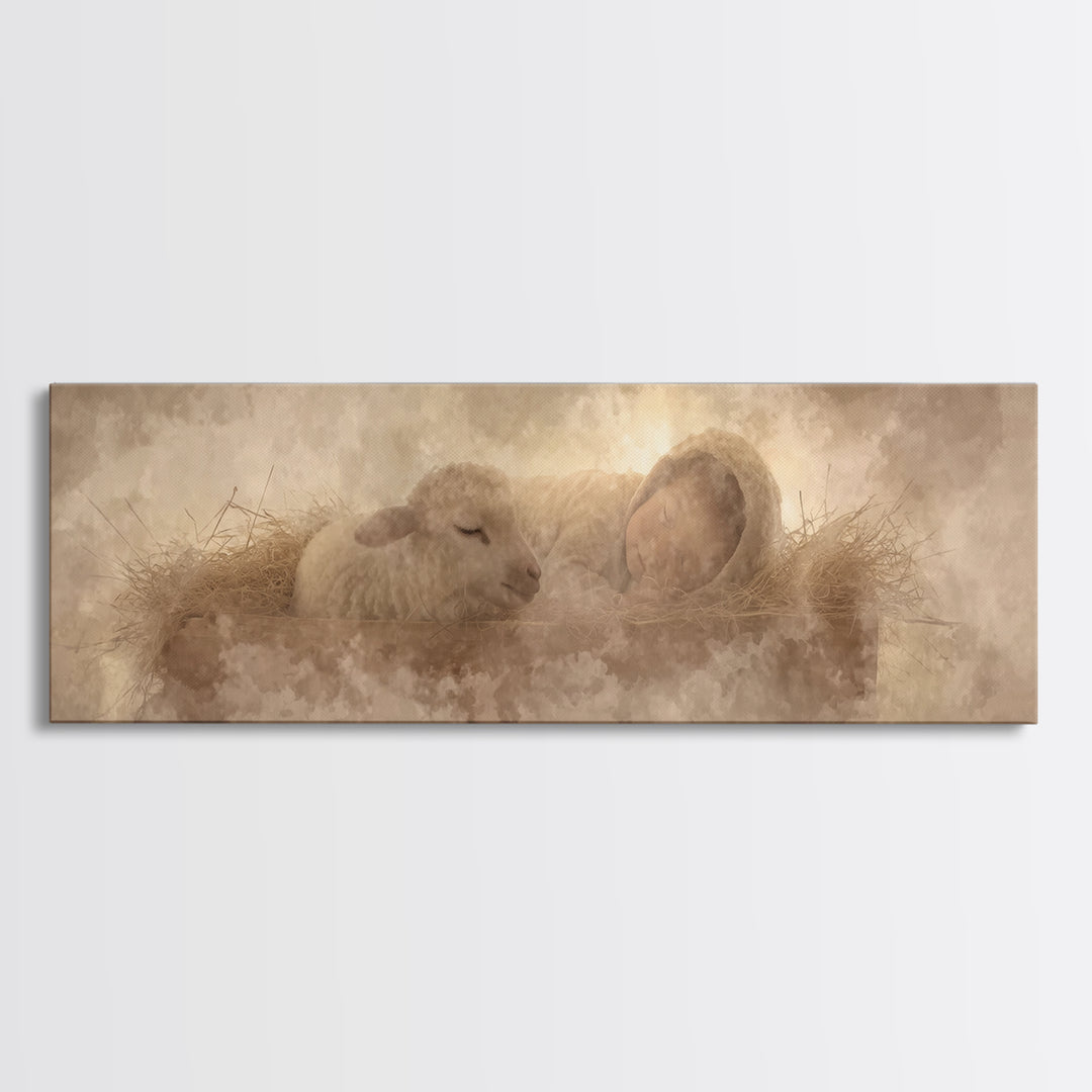 Sacred Cradle Light, Framed Canvas Print, Christian Christmas Art, Panoramic Wall Art, Christian Art Canvas, Jesus Art Print, Christian Wal