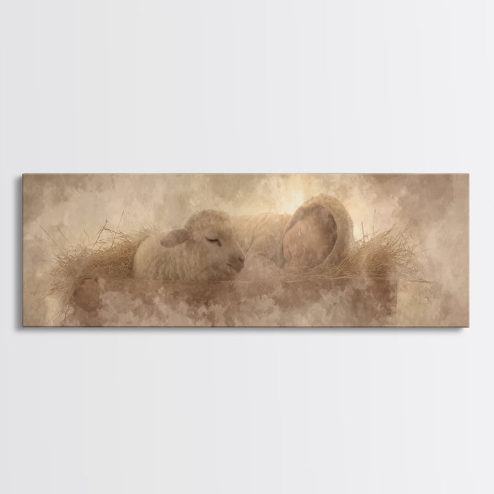 Sacred Cradle Light, Framed Canvas Print, Christian Christmas Art, Panoramic Wall Art, Christian Art Canvas, Jesus Art Print, Christian Wal