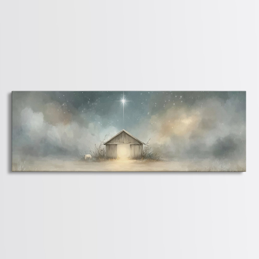 Starry Night Manger | Framed Canvas Print | Christian Wall Art | Panoramic Painting | Christmas Wall Art | Jesus Painting