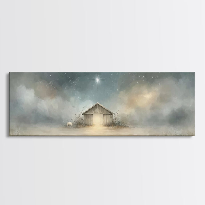 Starry Night Manger | Framed Canvas Print | Christian Wall Art | Panoramic Painting | Christmas Wall Art | Jesus Painting