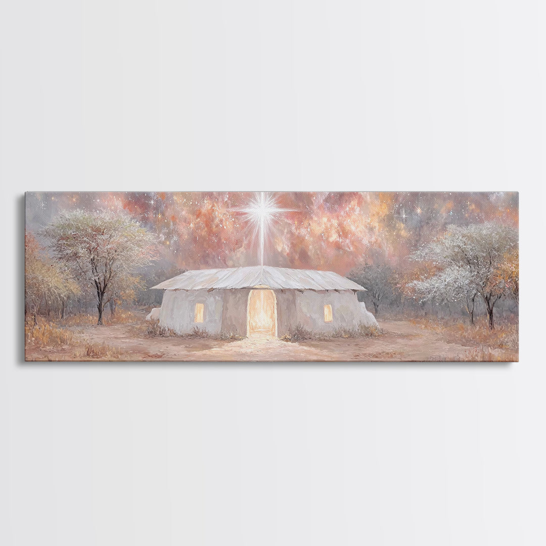 Bethlehem Dawn Glow, Framed Canvas Print, Christian Art, Panoramic Print, Christmas Art, Christian Wall Art, Jesus Painting