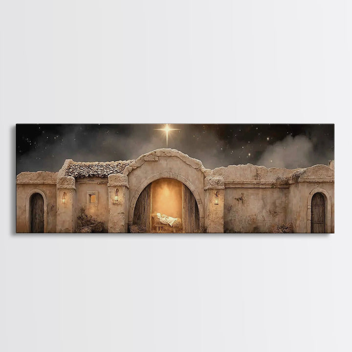 Radiant Stable Peace – Framed Canvas Print – Christian Wall Art – Panoramic Frame – Christmas Art – Christian Art Canvas – Jesus Painting