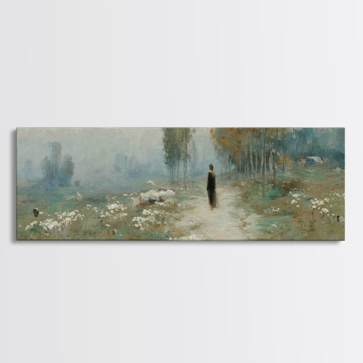 Misty Valley Walk, Framed Canvas Print, Christian Art Canvas, Panoramic Wall Art, Christian Art, Jesus Painting, Christmas Art