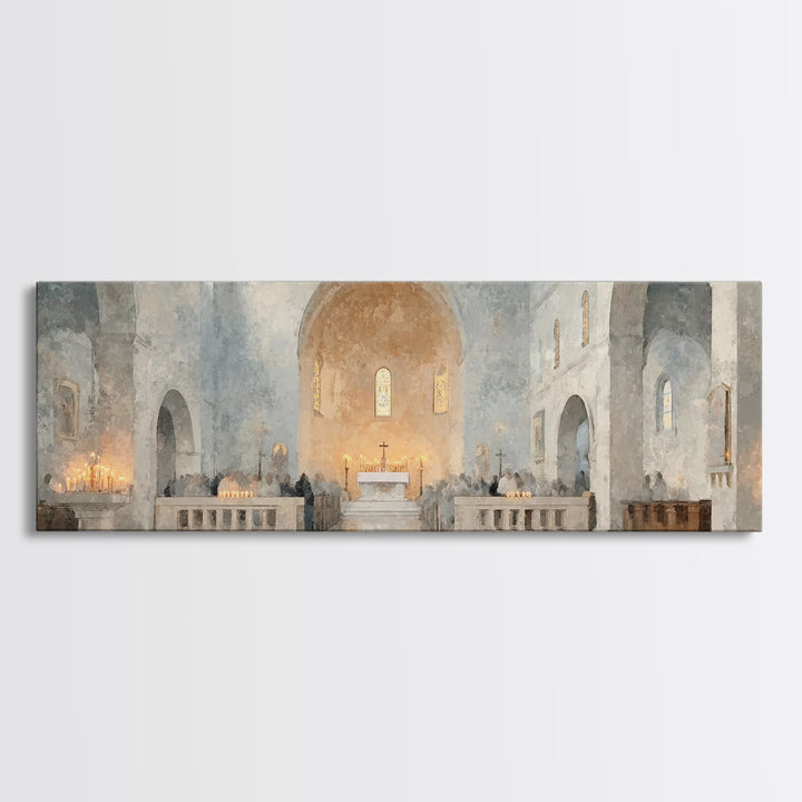 Starry Chapel Gathering, Framed Canvas Print, Panoramic Art, Christian Wall Art, Christian Art Canvas, Christmas Art Prints, Christian Chri