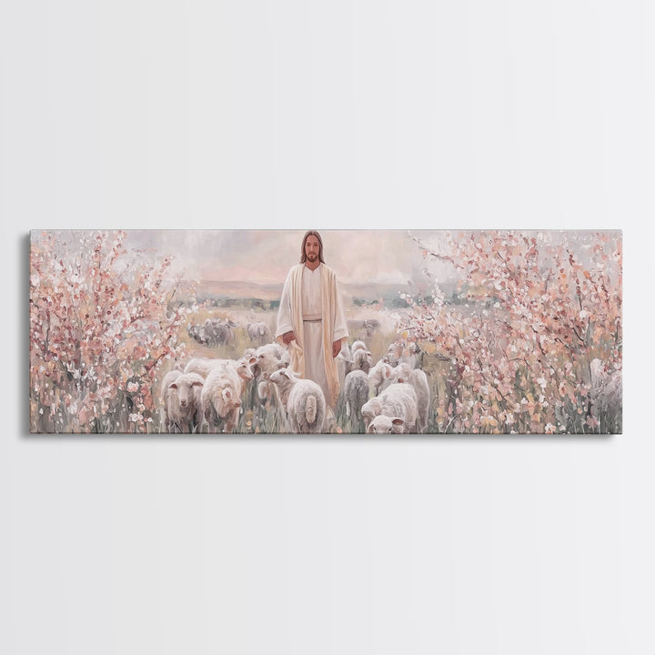 Shepherd Of Blossoms | Framed Canvas Print | Panoramic Art | Jesus Painting | Christian Art Canvas | Christian Christmas Art | Christian Wa