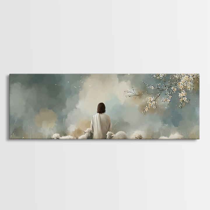Peaceful Pasture Light – Framed Canvas Print – Panoramic Painting – Christian Art Canvas – Christian Wall Art – Jesus Painting – Christian