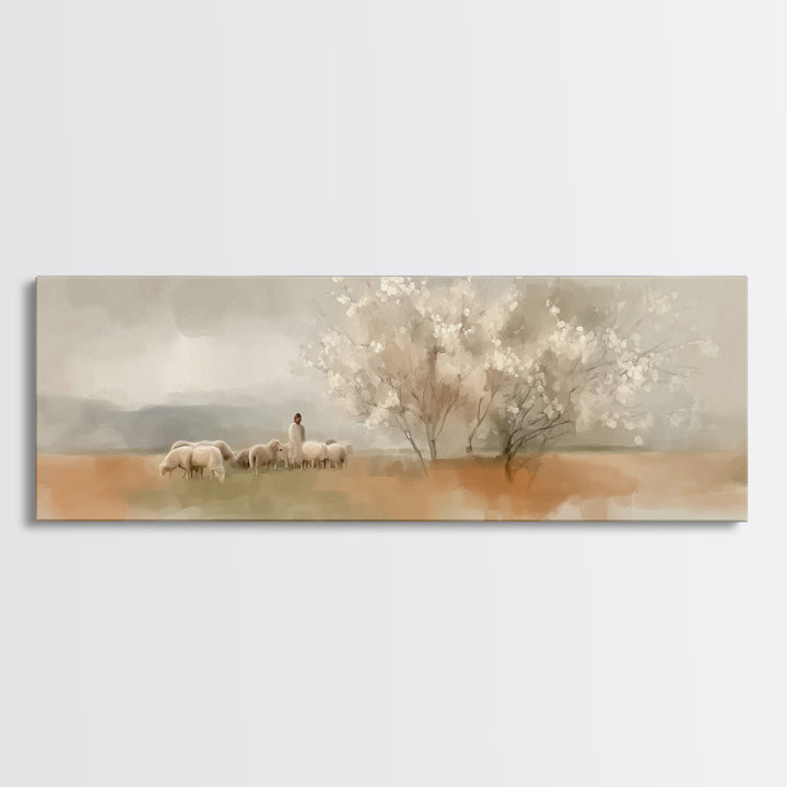 Meadow Of Promise, Framed Canvas Print, Panoramic Art, Christian Wall Art, Jesus Painting, Christian Art Canvas, Christian Christmas Art