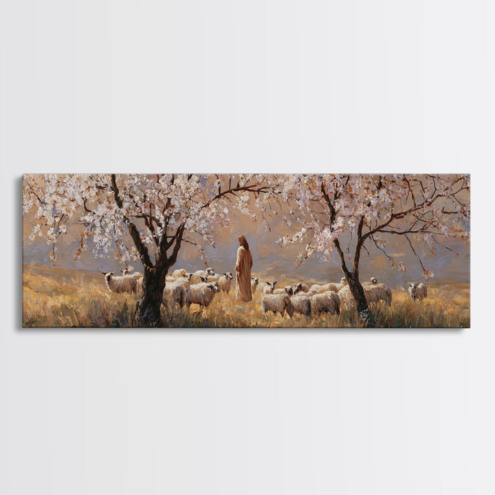 Shepherds In Bloom, Framed Canvas Print, Panoramic Wall Art, Christian Art Canvas, Jesus Painting, Christian Christmas Art, Christian Wall