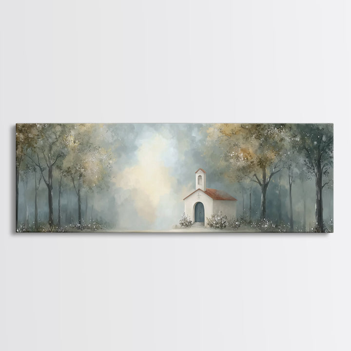 Forest Chapel Peace, Framed Canvas Print, Panoramic Art, Christian Art Canvas, Christian Wall Art, Christian Christmas Art, Christian Paint
